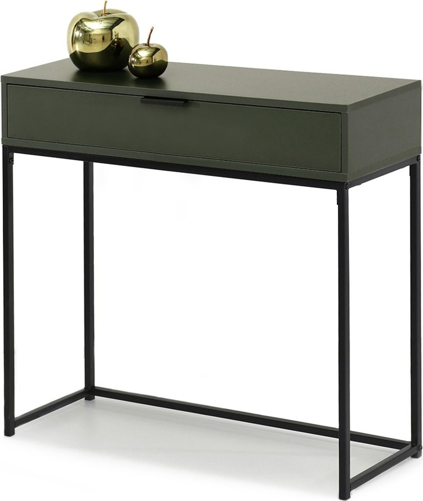 A dark green console table with a black metal frame and two golden apple decorative items on top.