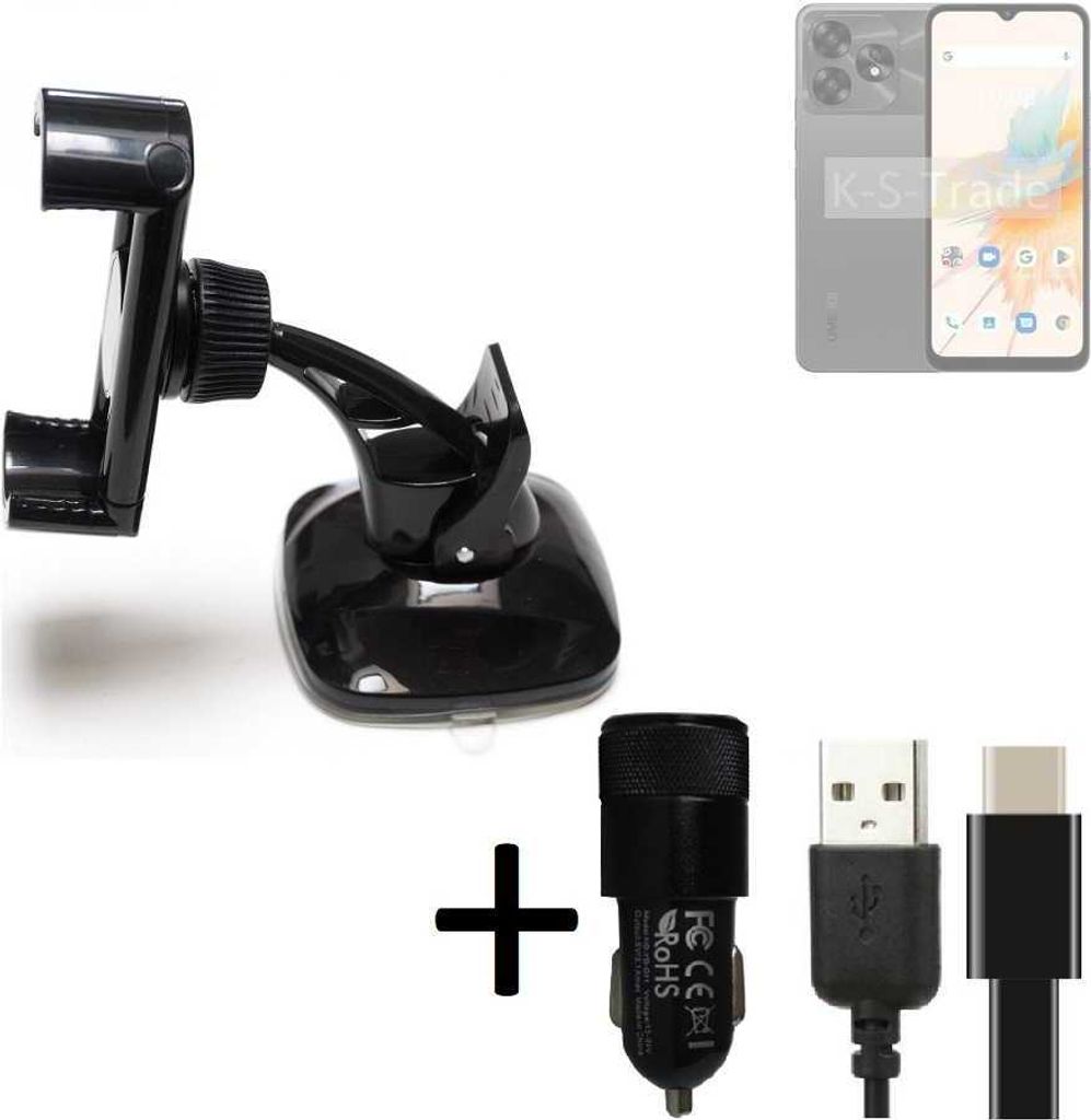 K-S-Trade Handy-Halterung kompatibel mit UMIDIGI A15C Windschutzscheibe / Armaturenbrett + LADEGERÄT mit Mico USB Kabel Autohalterung
