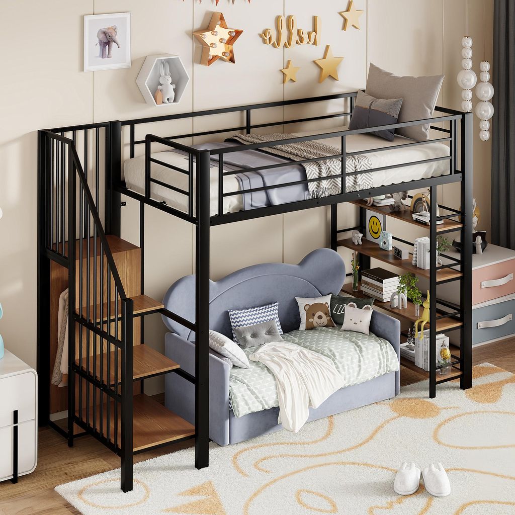 okwish Etagenbetten 90×200 mit Sicherheitstreppe und Stauraum,Hochbett mit kleinem Kleiderschrank und Einlegeböden,Jugendbett mit hohes Zaundesig...