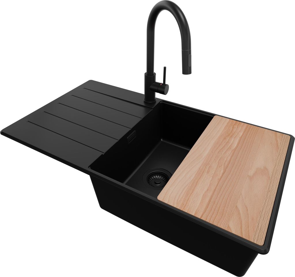 PRIMAGRAN Granitspüle Alles Schwarz 90x50cm, Spülbecken 1 Becken + Ablauf-Set + Küchenzubehörset, Küchenspüle ab 60er Unterschrank - Kopenhagen