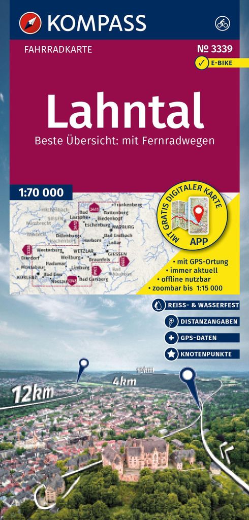KOMPASS Fahrradkarte 3339 Lahntal mit Knotenpunkten 1:70.000
