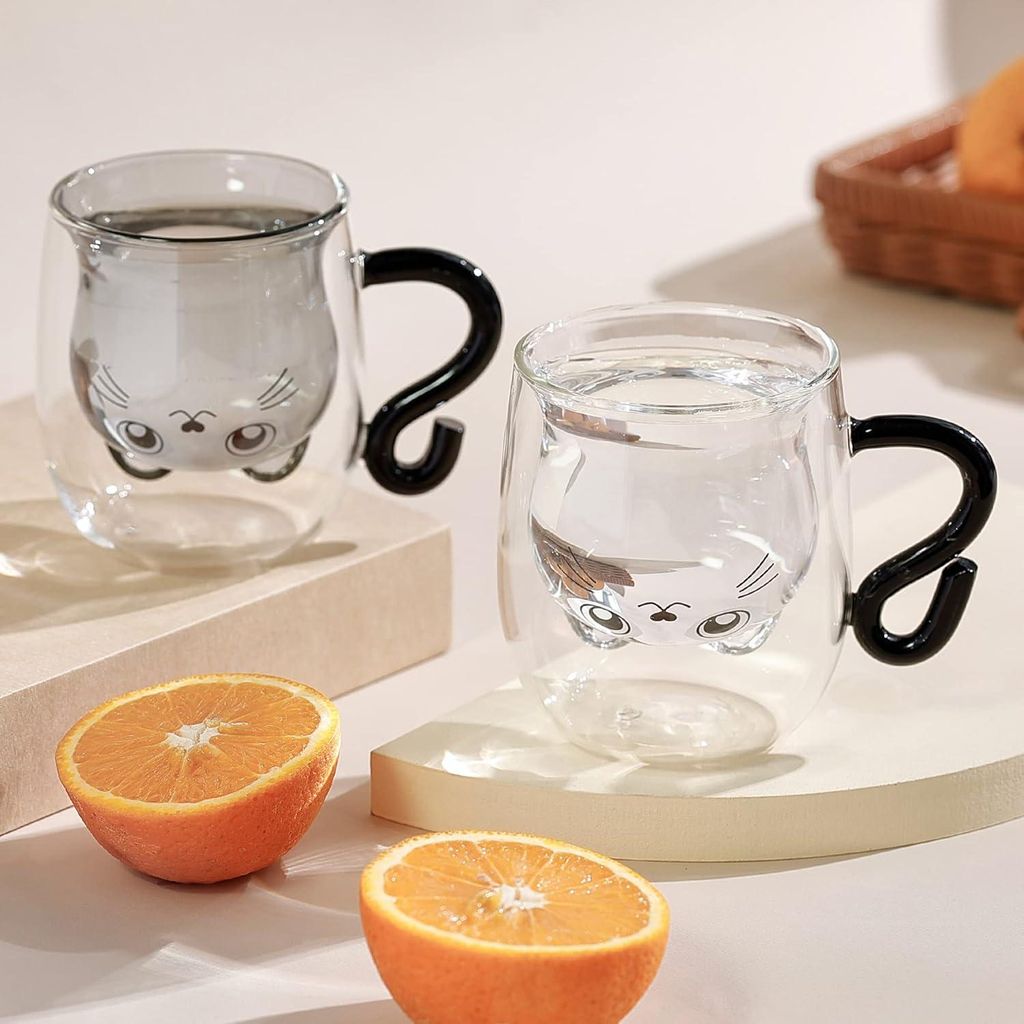 Schattige Biermok-Set von 2, doppelwandige isolierte Gläser Espressotassen - 250 ml - Geschenk für Geburtstag - Schwarz+Weiß - S Handgriff Set 2