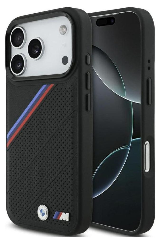 A black iPhone case with the BMW M tricolor stripe and logo is shown next to an iPhone.