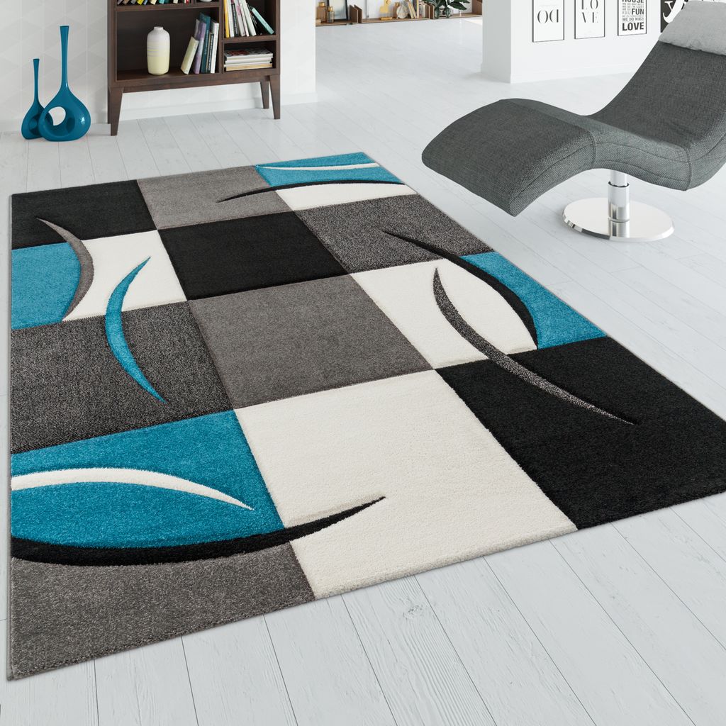 Designer Teppich mit Konturenschnitt Karo Muster Türkis Grau Grösse 200x290 cm