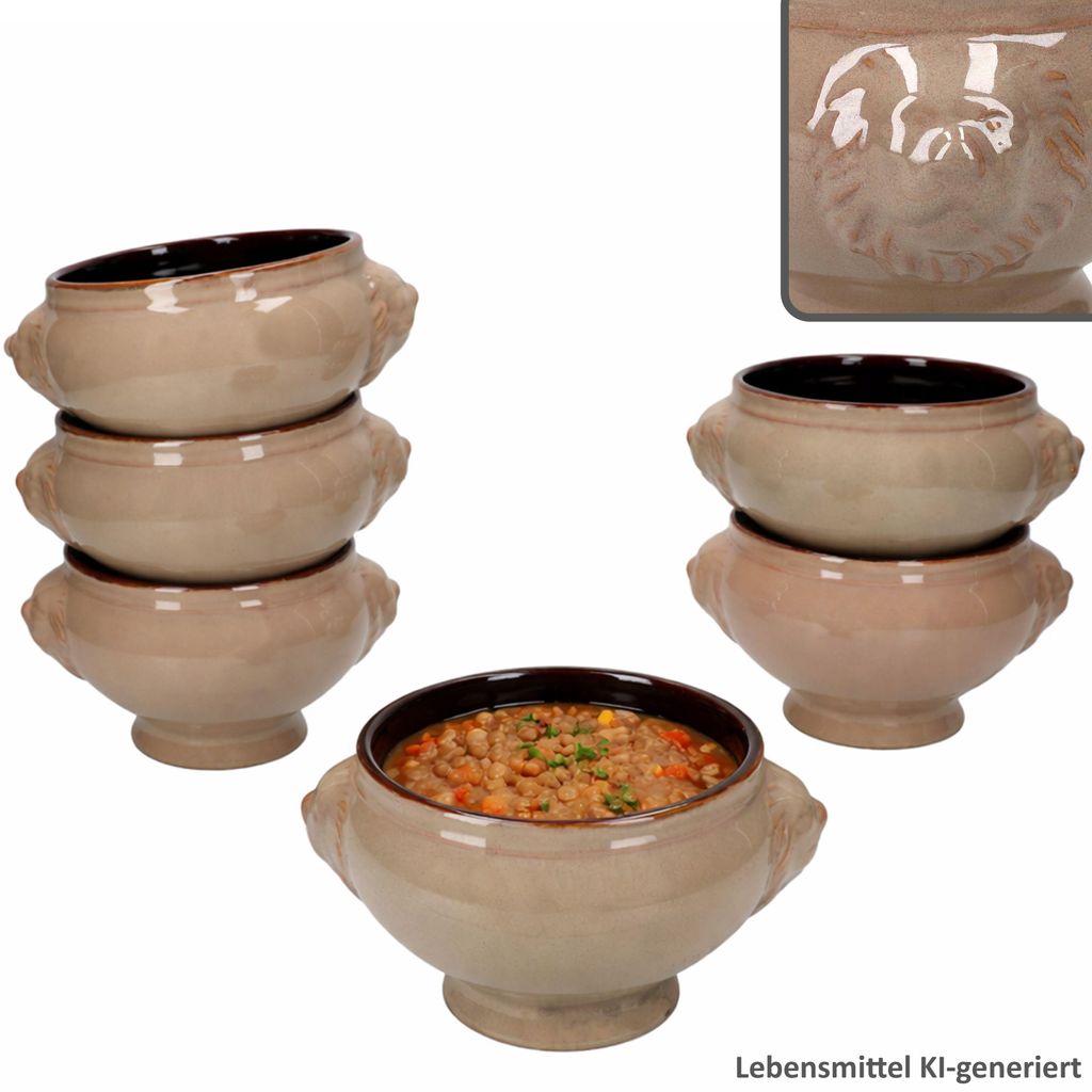 6x Löwenkopf Suppentassen 400ml braun Keramik Suppenschalen Terrine