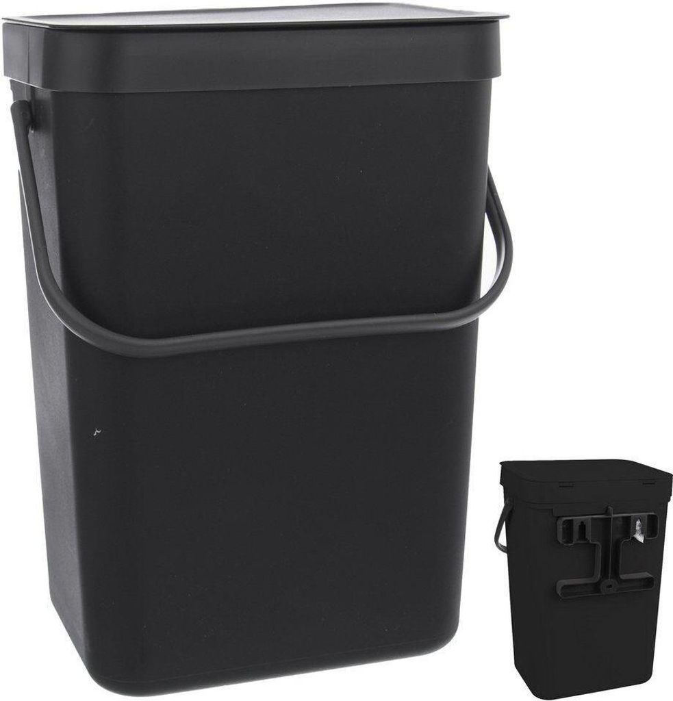 A black hanging trash can with a handle and lid, shown against a white background. A smaller inset image shows the back of a similar trash can with mounting hardware.