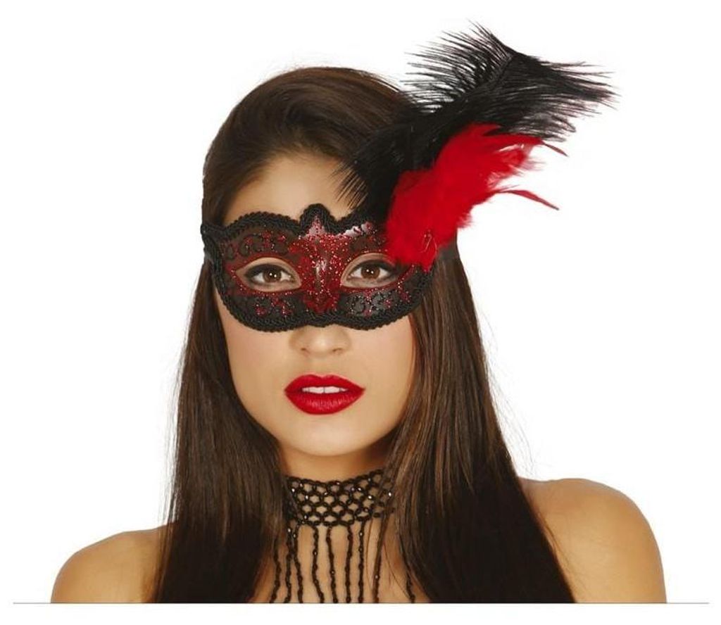 Carnaval Venise Masque Noir Rouge Plumes Décorées Elégance Image du produit 