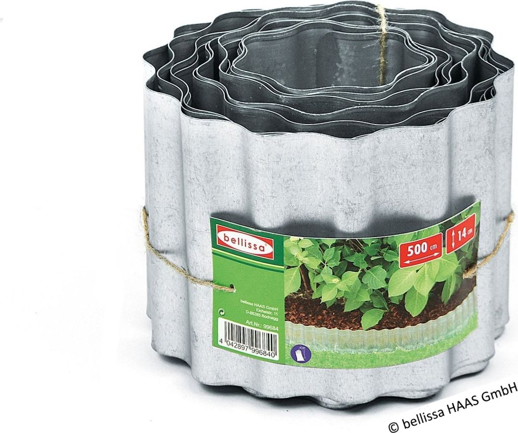 A roll of corrugated metal garden edging is shown against a white background, with a label attached.
