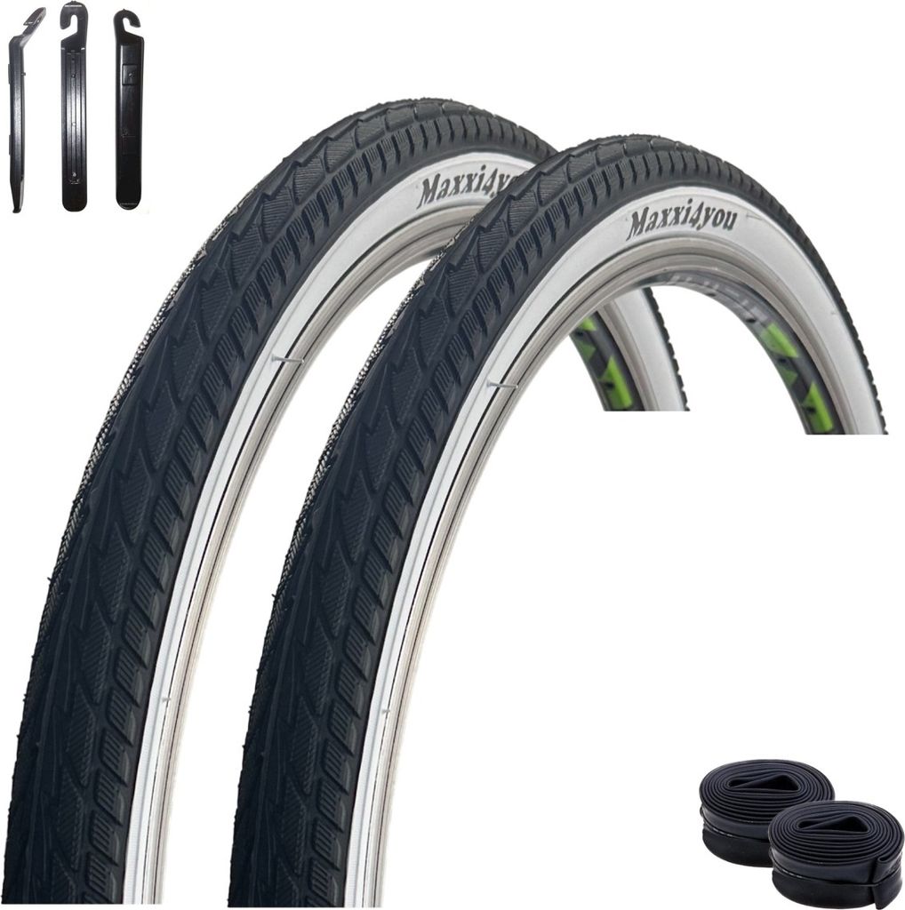 2 x maxxi4you HY 156 Fahrradreifen in Schwarz/Weiß 47-559 (26 x 1,75) + 2 x passende Schläuche SV inkl. maxxi4you Reifenheber