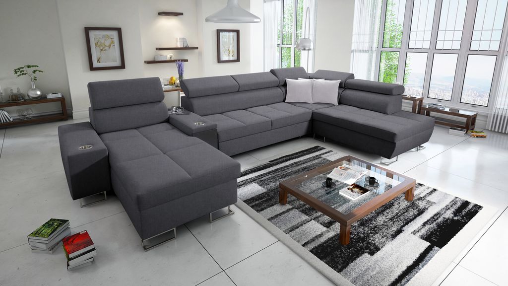 Polsterecke in U-Form Wohnzimmer Couch MOREN V Big Sofa Ecksofa Ottomane Links Eckcouch mit Schlaffunktion Grau Stoff SAWANA 96