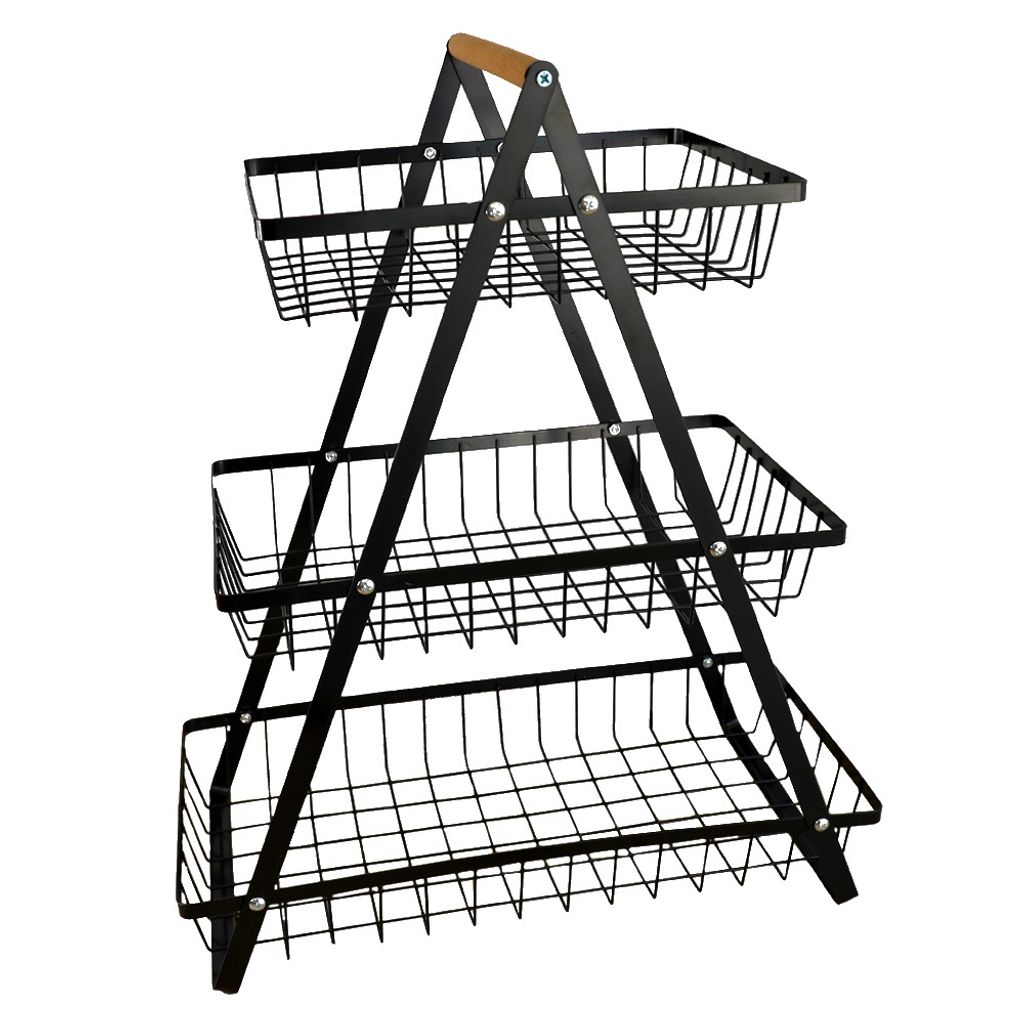 Deccaro Corbeille à Fruits 3 Étages Noire Grande Taille - Support Légumes Et Rangement Décoratif Avec Poignée Bois