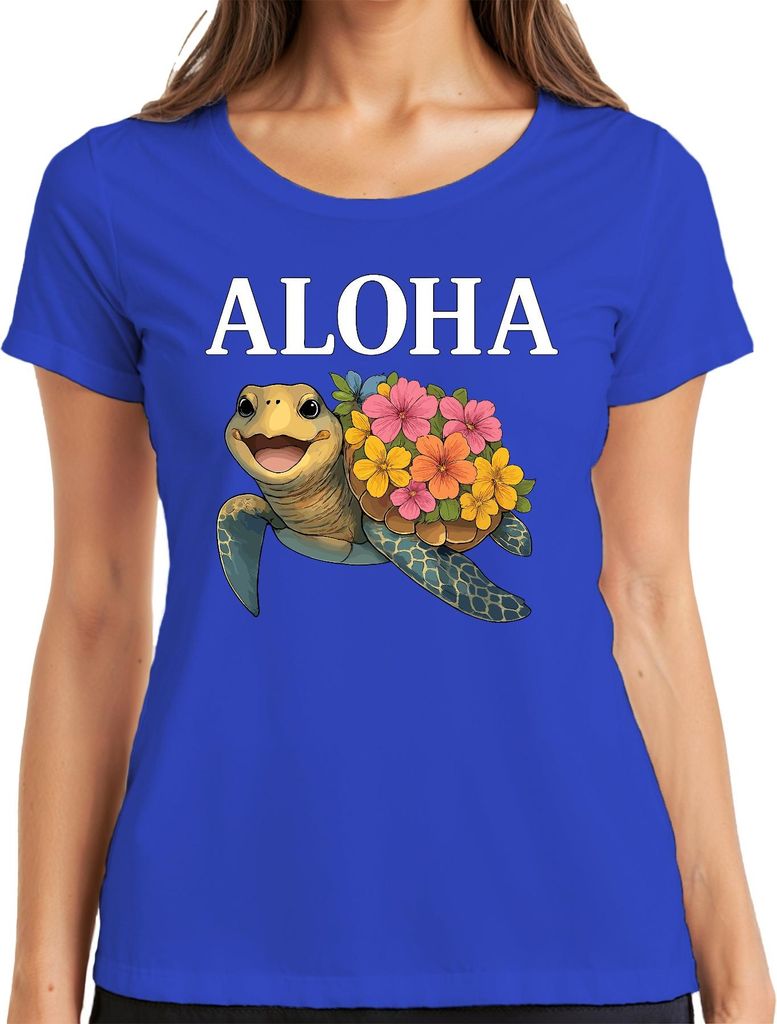 ALOHA Meeresschildkröte mit Blumen Hawaii Tropisch Sommer Strand Damen T-Shirt, Blau, L