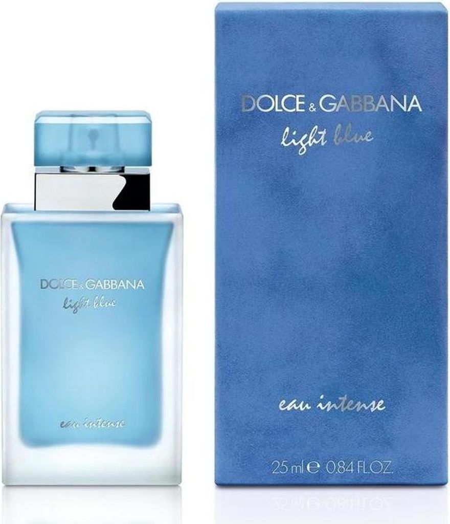 A bottle of Dolce & Gabbana Light Blue Intense Eau de Parfum and its packaging are displayed side-by-side against a white background.