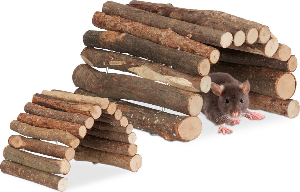 Relaxdays Nagerbrücke Holz, 2er Set, biegbar, Käfig Zubehör Hamster & Mäuse, 2 Größen, flexible Hamsterbrücke, natur