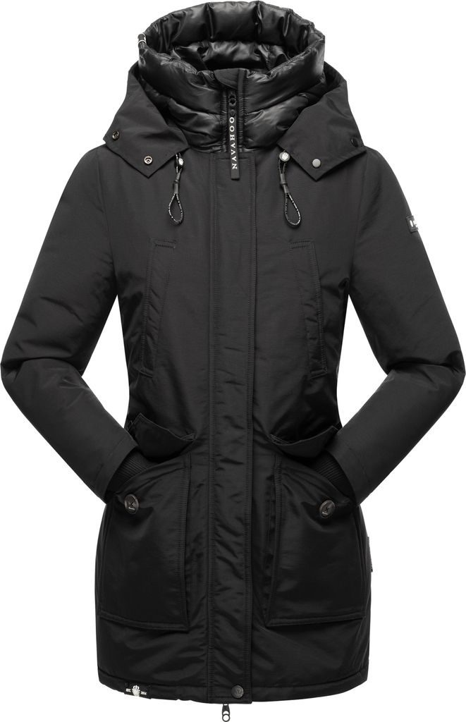 Navahoo Blizzardstorm Warmer Damen Herbst Wintermantel mit Kapuze Parka Übergangsjacke Winterjacke Vegan Schwarz Gr. 34 - XS