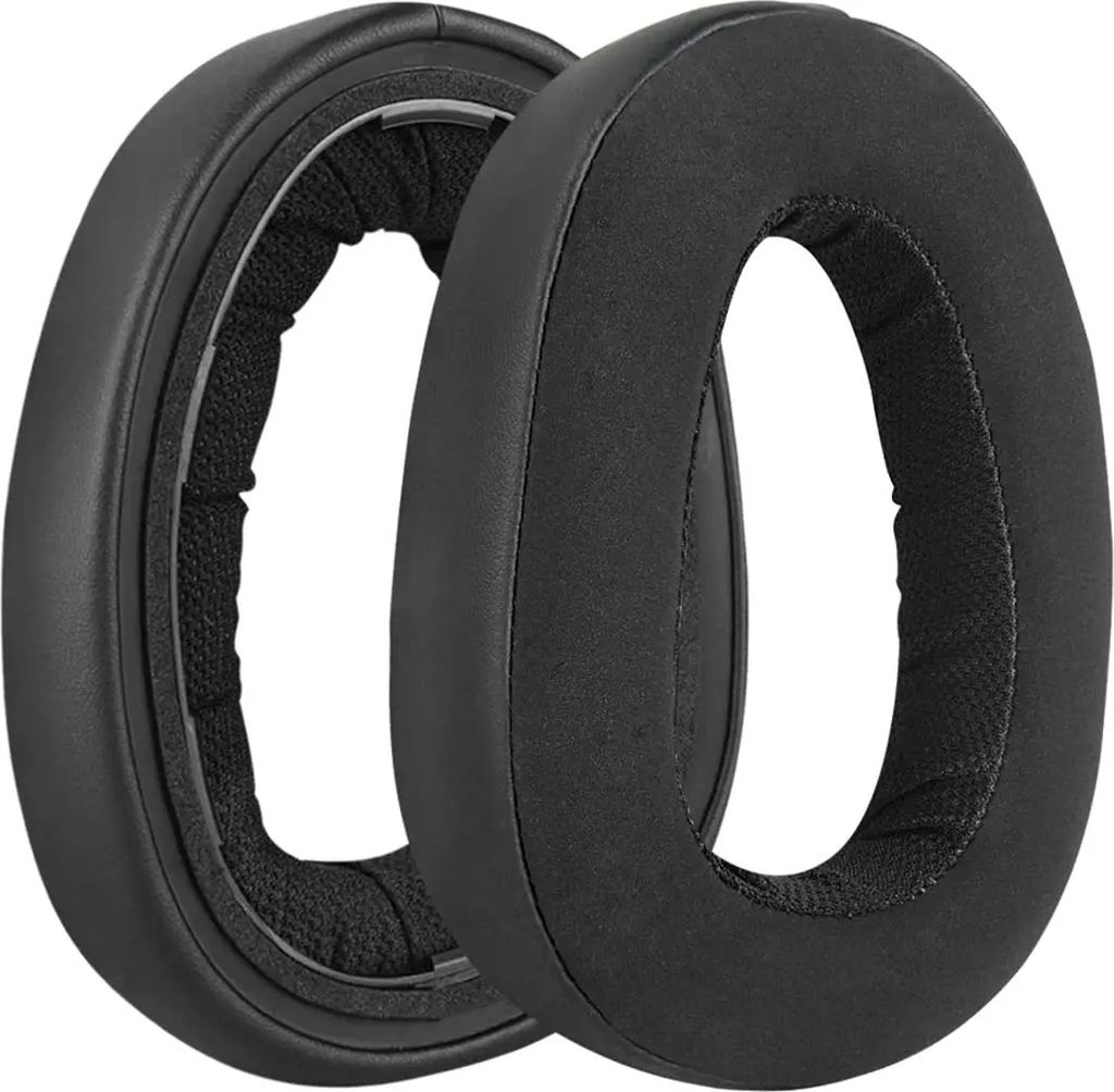 Two black ear pads for headphones are shown against a white background.