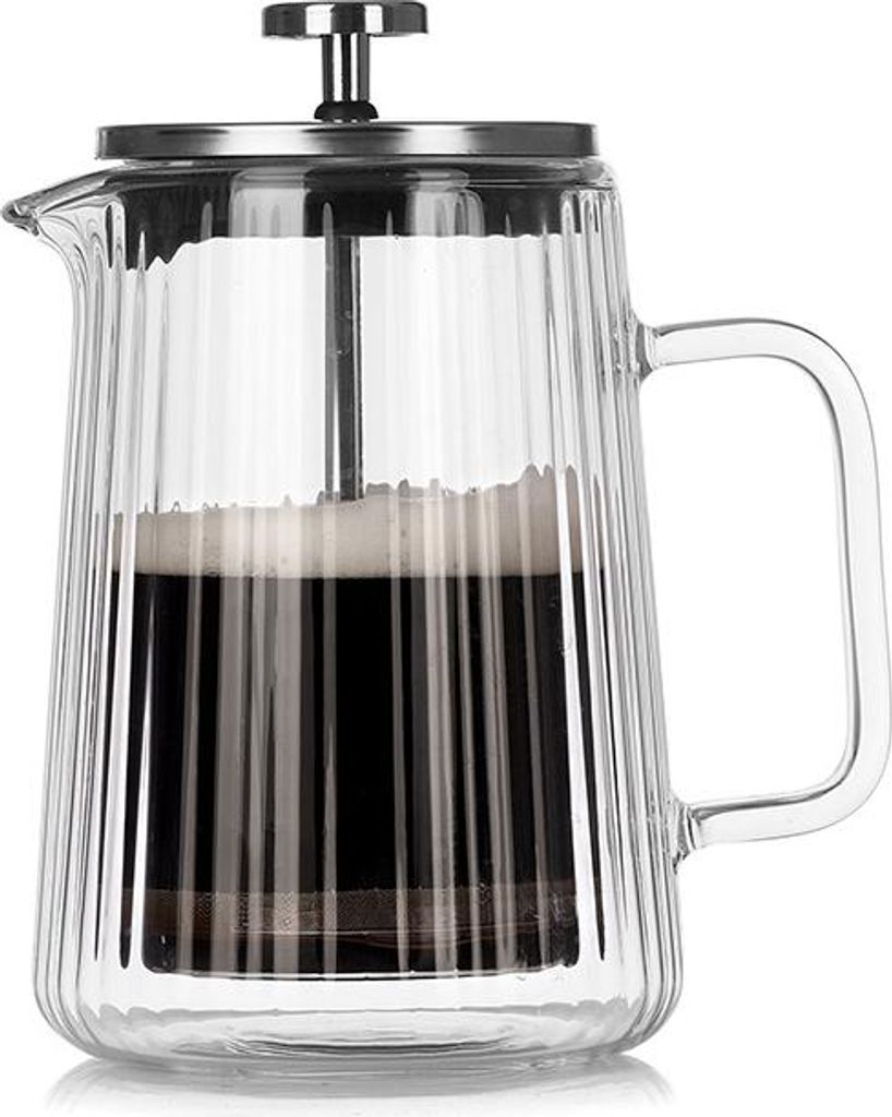 Doppelwandige French Press aus Glas – hitzebeständiger Kaffeebereiter mit Rillenstruktur, Filterkanne für Kaffee & Tee,650ML