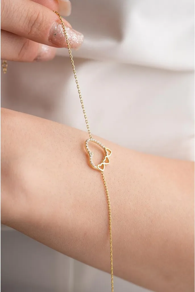 Bracelet femme en argent 925 avec motif cœur et zircone plaqué or jaune