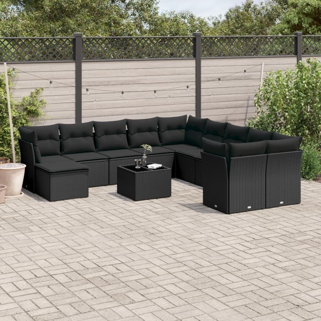 Design 12-tlg. Garten-Sofagarnitur mit Kissen Schwarz Poly Rattan, Gartenmöbel-Sets 2024 Neu