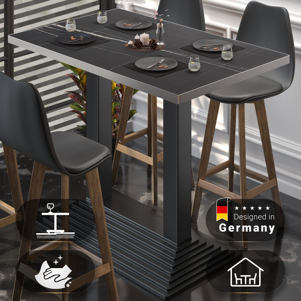 BPY | Bistro Stehtisch | 120 x 70 x 112 cm | Edelstahl Rand | Rechteckig | Schwarz Marmor / Schwarz | Gastro Steh Tisch Restaurant