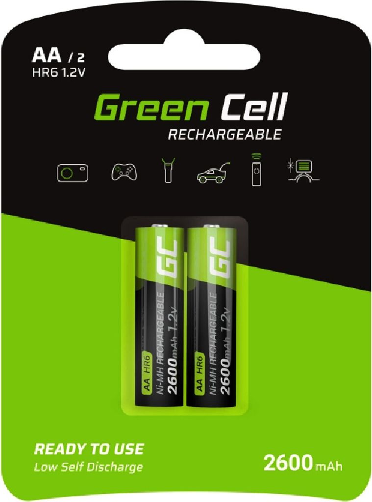 Green Cell 2600mAh 1.2V 2 Stck Vorgeladene NI-MH AA-Akkus - Akkubatterien AA/Mignon, sofort einsatzbereit, Starke Leistung, geringe Selbstentladung...