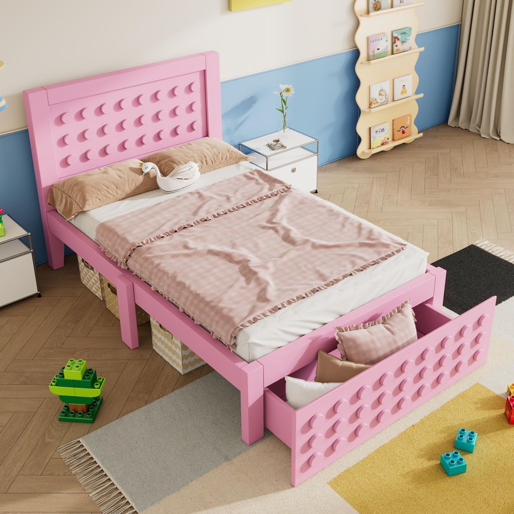 Kinder- & Jugendbett mit kreativem Design, Massivholzrahmen inkl. Lattenrost, Schubladen & Stauraum, Farbe: Rosa, Größe: 90x190 cm, ohne Matratze