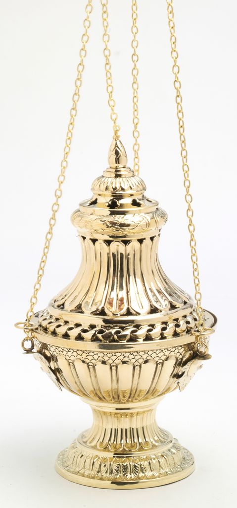 Weihrauchfass mit Kette zum Hängen aus Messing Gold poliert Höhe 30 cm mit Innenschale aus Stahl für die Räucherkohle