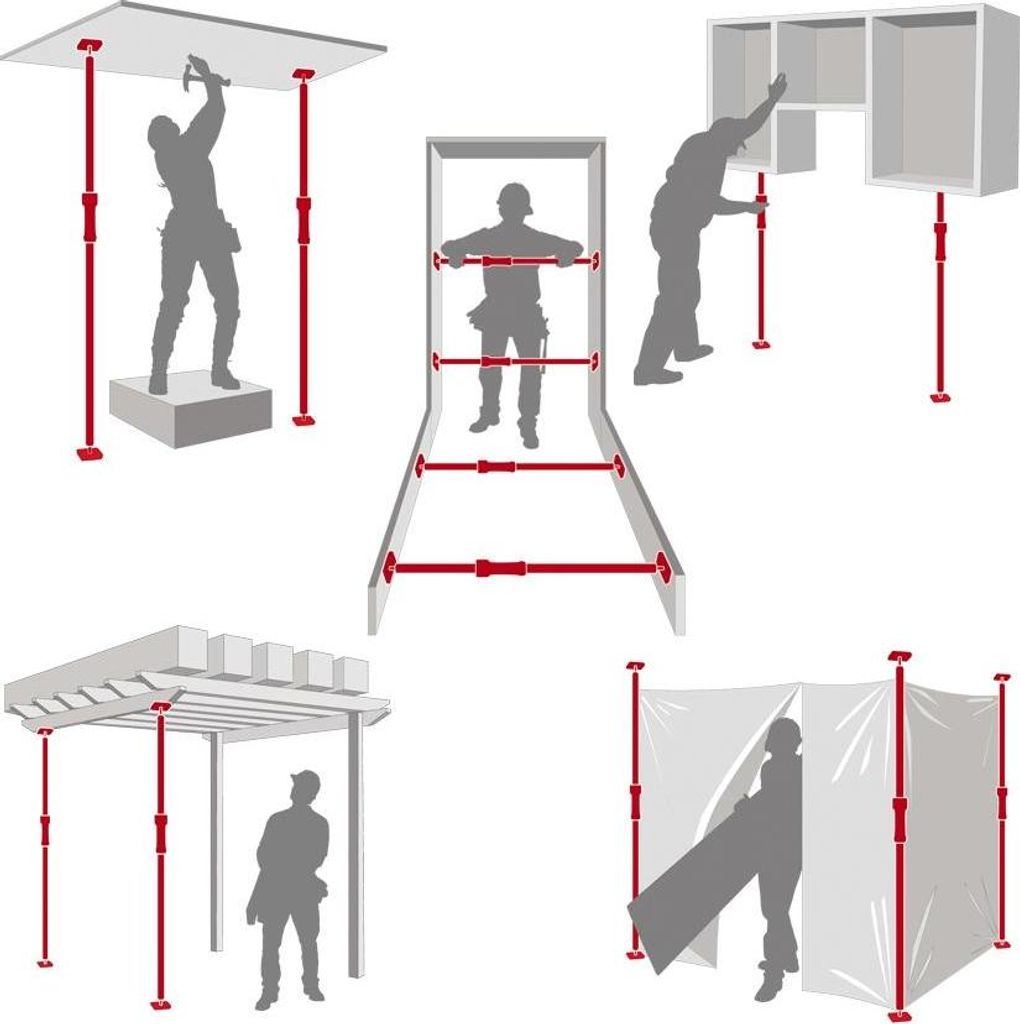 Multiple illustrations showing different uses of adjustable support poles for construction and DIY projects.