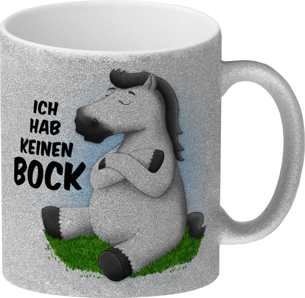 Ich hab keinen Bock Glitzer-Glitzer-Kaffeebecher mit weißes Pferd Motiv