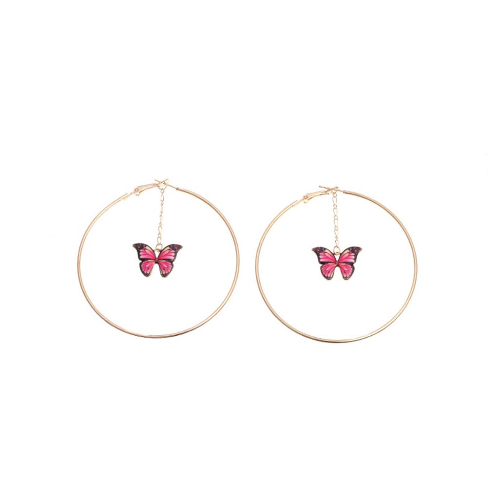 Elegante Frauen hängende Kette Schmetterling große Creolen baumeln Ohrringe Party Schmuck-Rosenroter Schmetterling