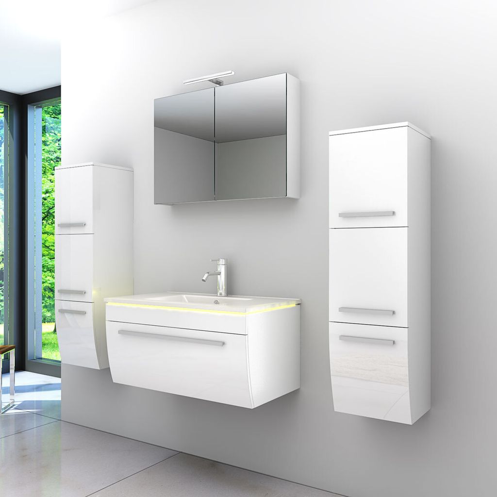 Badmöbel Set Gently 3 V3 Weiß Badezimmermöbel Badspiegel Waschtisch 80 cm ohne LED-Beleuchtung