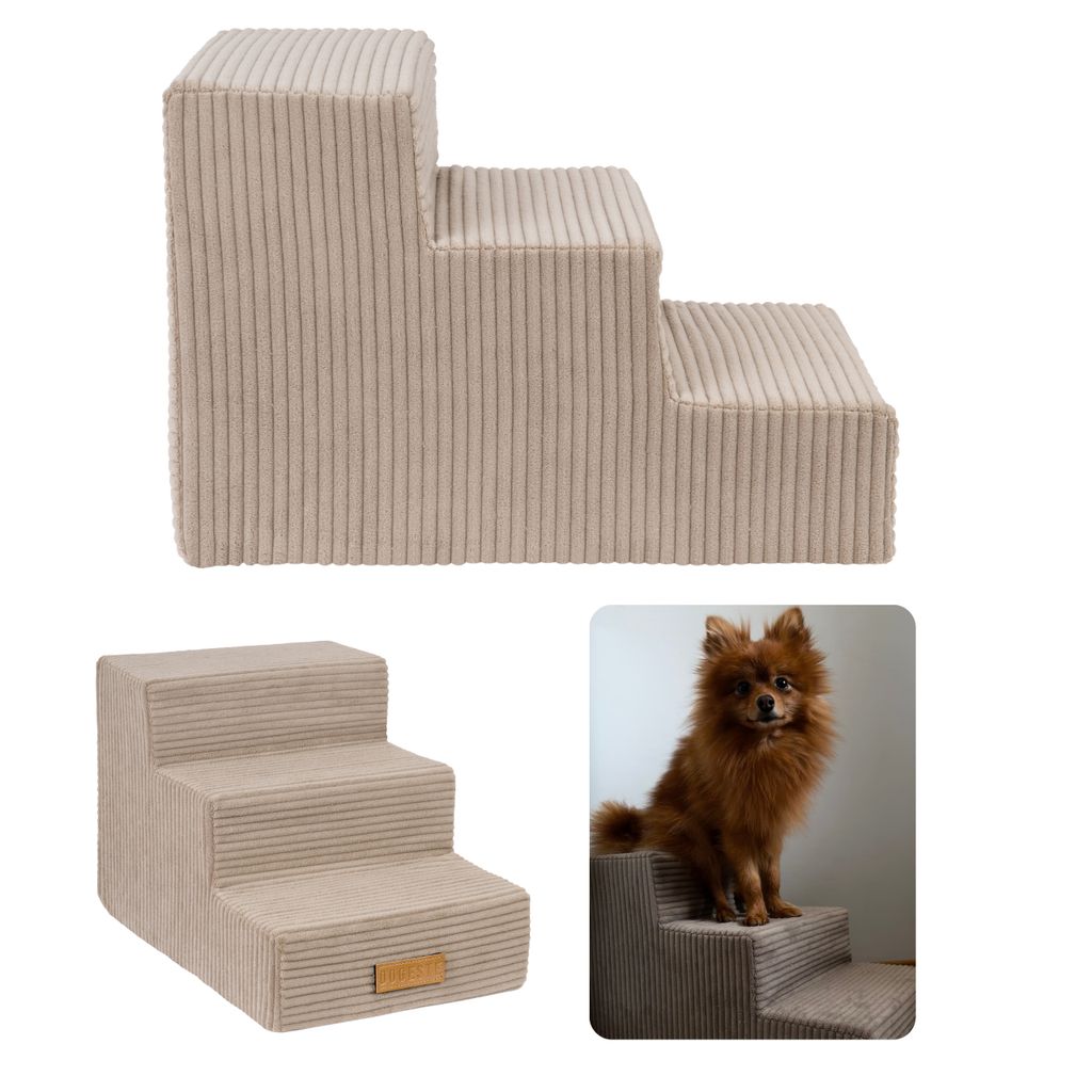 A collage of images showing beige corduroy pet stairs, with one image featuring a small dog sitting on the stairs.