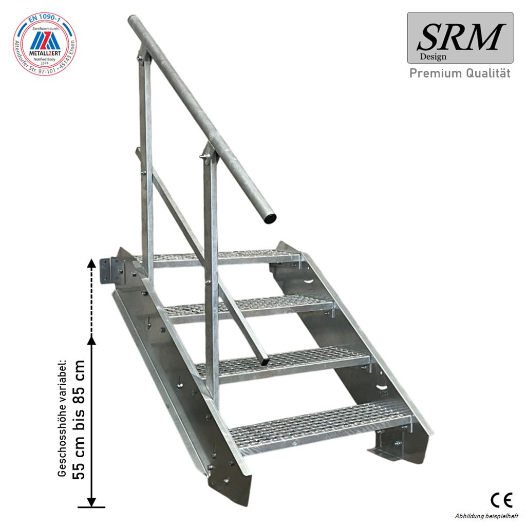 4 Stufen Stahltreppe einseitig. Geländer Breite 90 cm Geschosshöhe 55-85cm