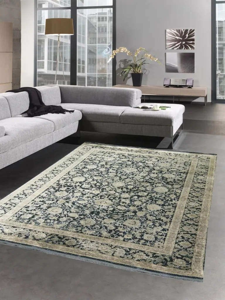 Tapis oriental 160x230 cm à motif floral noir et beige pour le salon