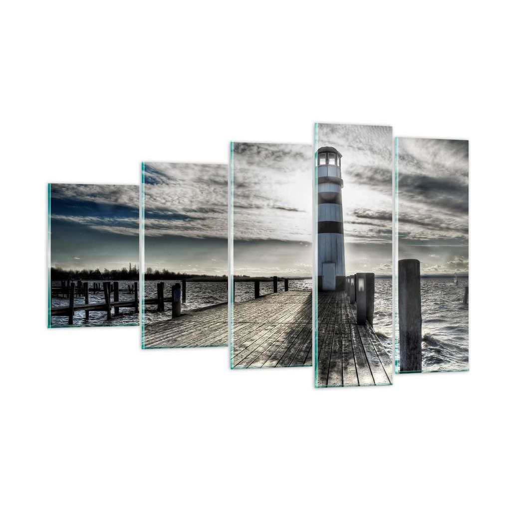 Bilder auf glas - See Leuchtturm Holzbrücke Wasser - 100x60cm - Glasbilder - Wandbilder - Kunstdruck - zum Aufhängen bereit - Wanddekoration aus ...