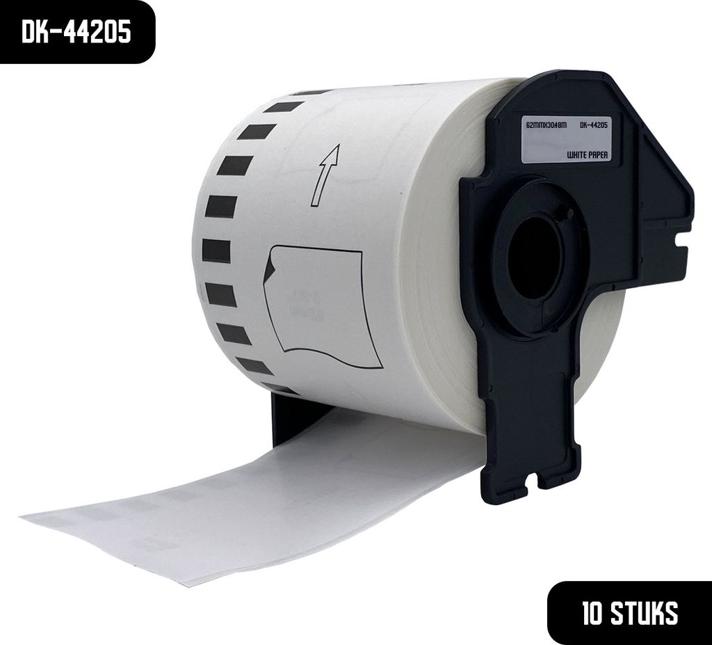 DULA Brother Compatible DK-44205 - Doorlopende labelrol - 10 rollen - 62 mm x 30,48 m - Zwart op wit - Papier - Verwijderbaar