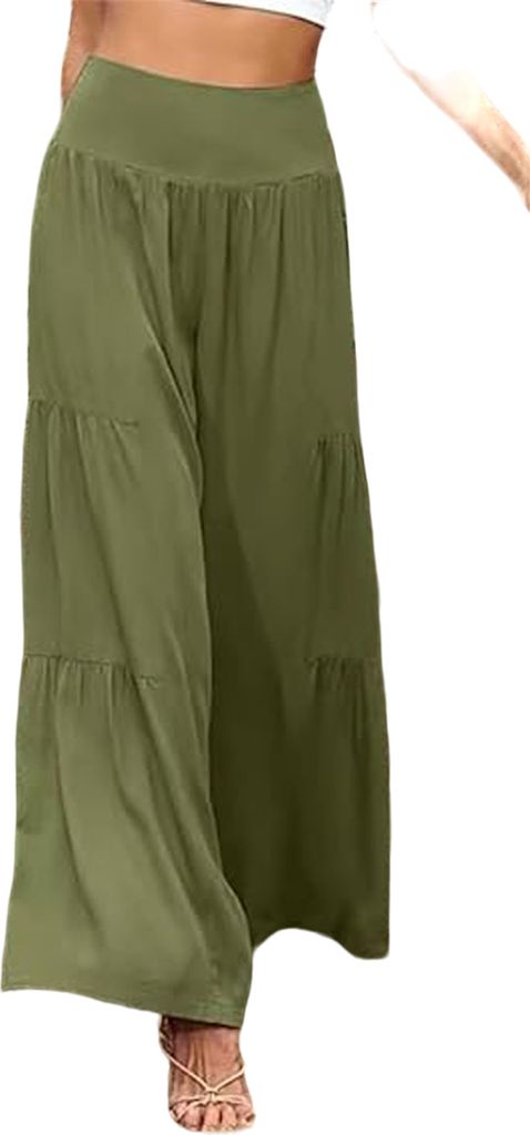 ASKSA Damen Leinenhose Sommer Elegant Hohe Taille Weites Bein Freizeithose Leichte Hosen, Armeegruen, Groesse: S