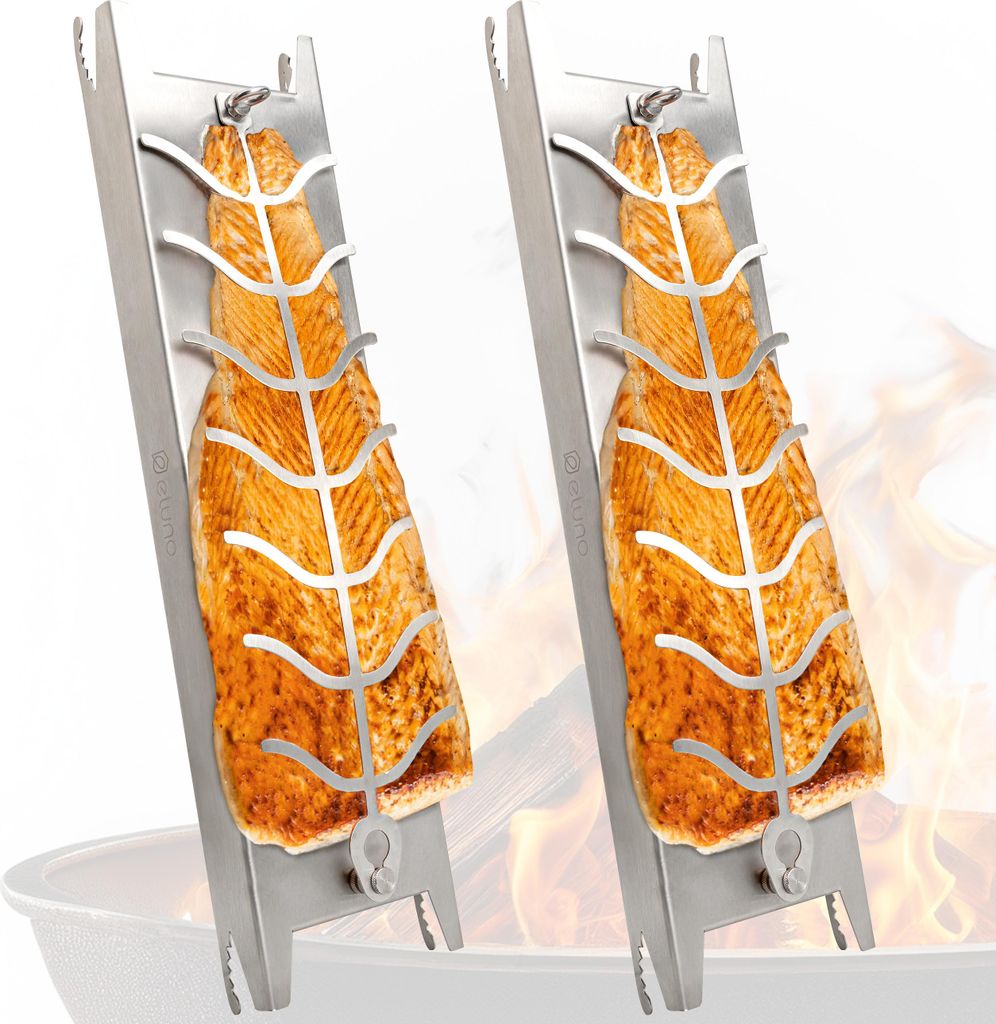 eluno XXL Flammlachshalter 2er Set aus Edelstahl, 180° drehbar - Flammlachsbrett mit 5 einstellbaren Neigungswinkeln