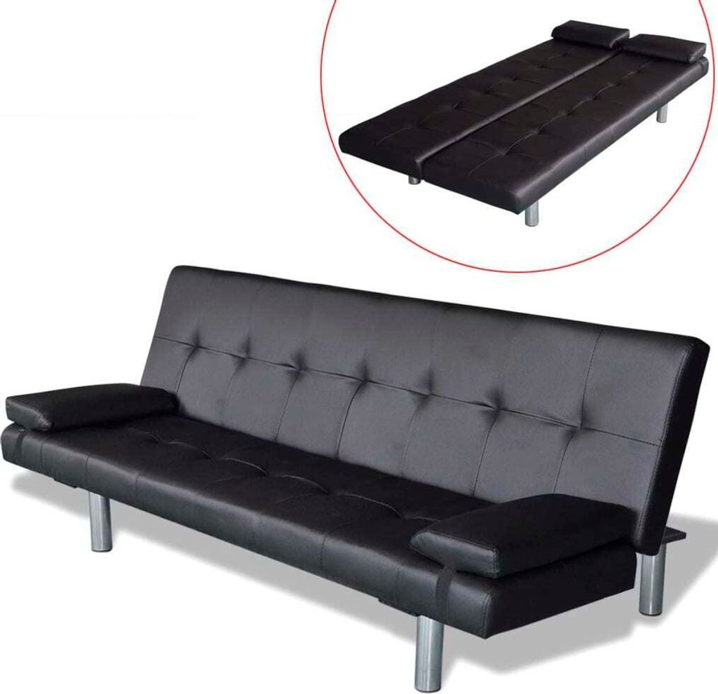 The Living Store Schlafsofa mit 2 Kissen Kunstleder Ausziehbar Schwarz