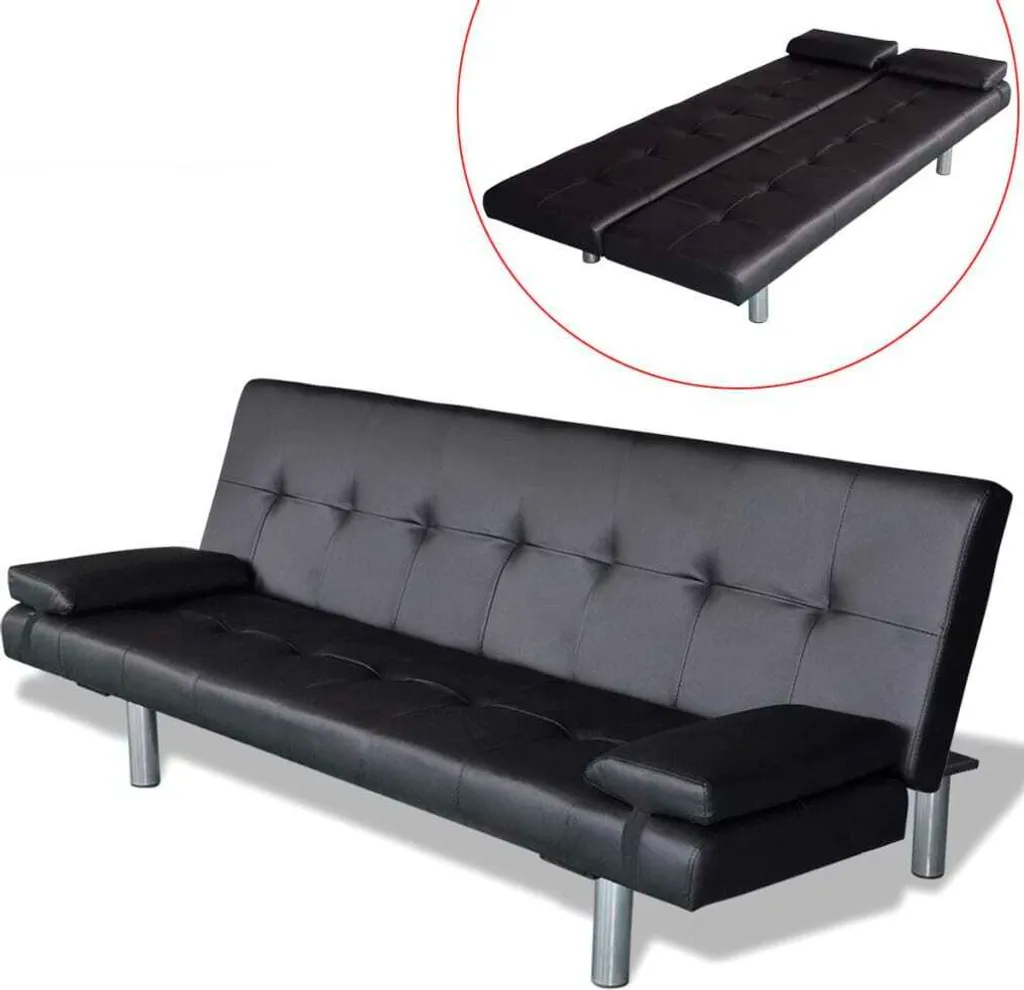 Canapé-lit extensible noir en similicuir avec 2 coussins - Modèle LUNA