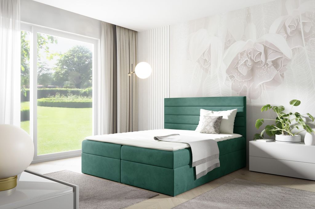 GUTTO Boxspringbett BELLA ohne Füße – Inklusive Taschenfederkernmatratze – Luxus & Komfort vereint!!!Grün Velours Samtbett ohne Füße !