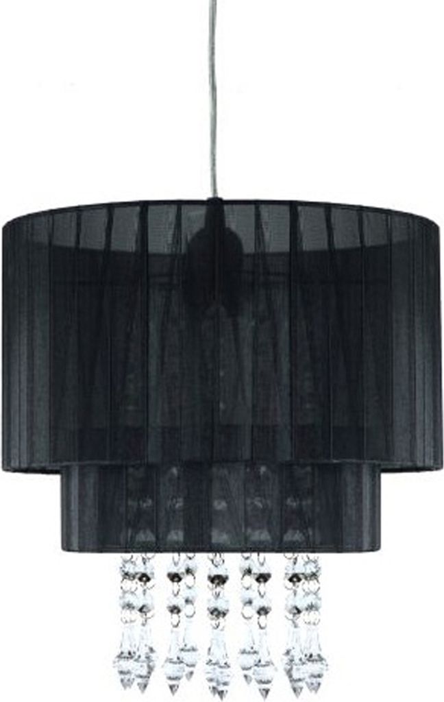 A black tiered pendant light with crystal accents.