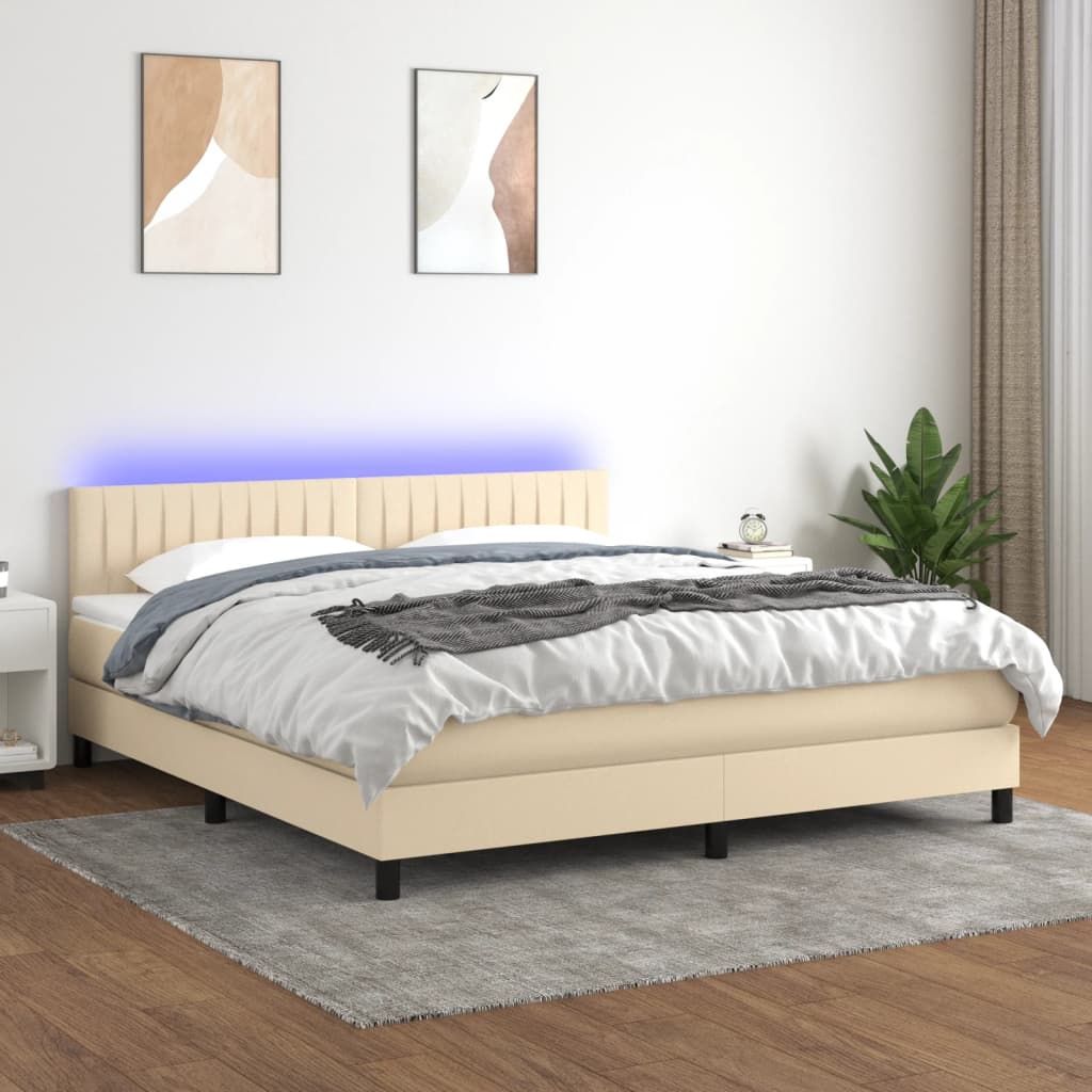 The Living Store Boxspringbett mit Matratze & LED Creme 180x200 cm Stoff