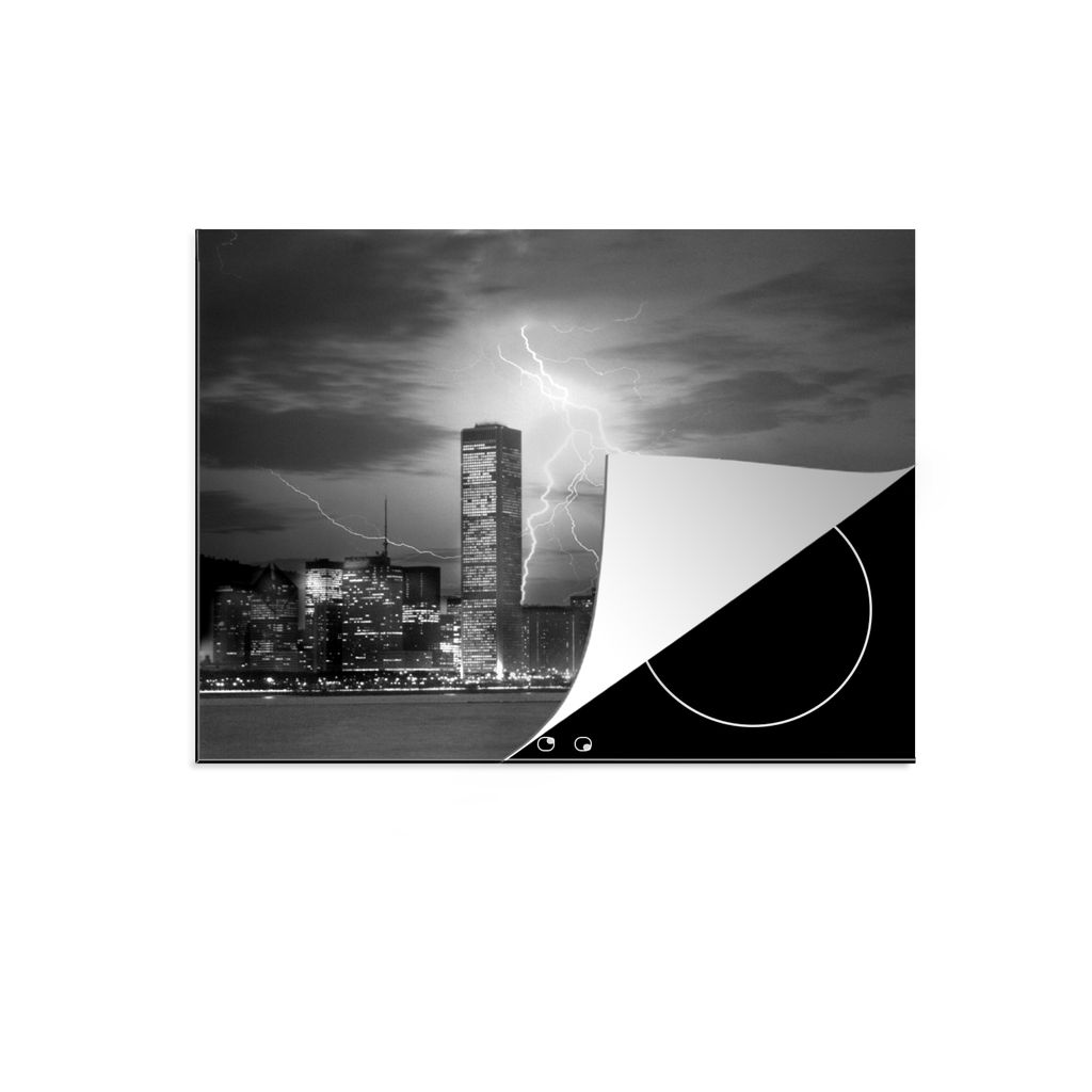 KitchenYeah Herdabdeckplatte Skyline von Chicago mit Blitzen - schwarz und weiß , 60x52cm, Küche Deko, Glaskeramikkochfeld Herdabdeckung, Abdec...