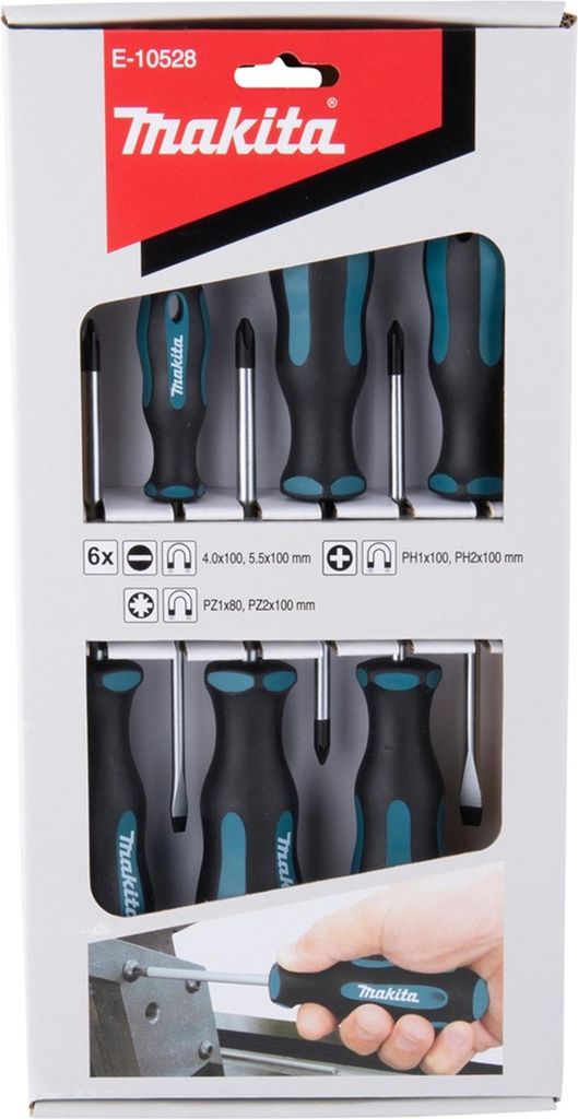 A set of screwdrivers in their packaging, with a hand holding one screwdriver.