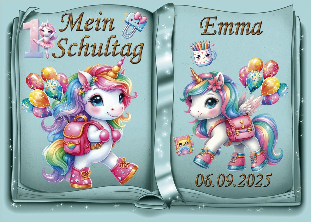 Tortenaufleger Tortendeko Fototorte Tortenbild Einhorn Regenbogen Einschulung Schulanfang 1. Schultag Schuleinführung SE07 (Zuckerpapier) DIN A4 o...