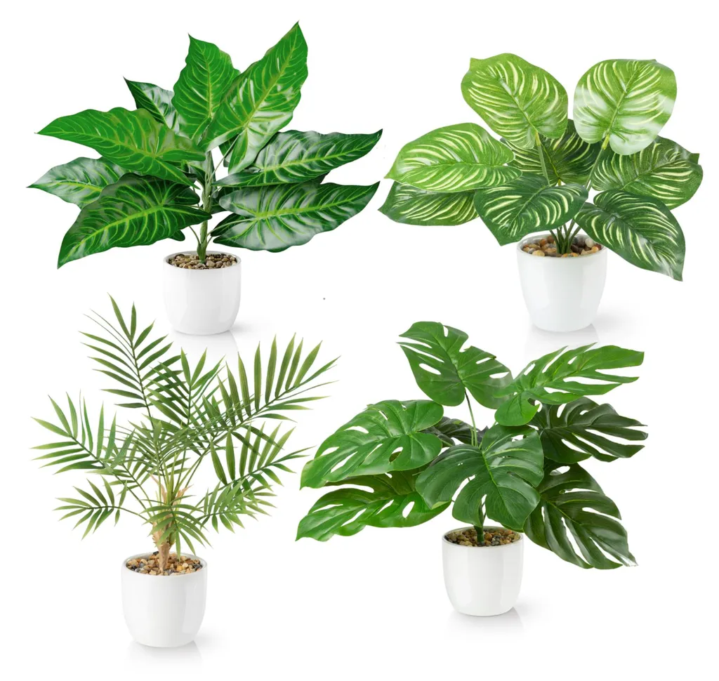 Plante artificielle pour bureau et salon : lot de 4 tropicales 35cm