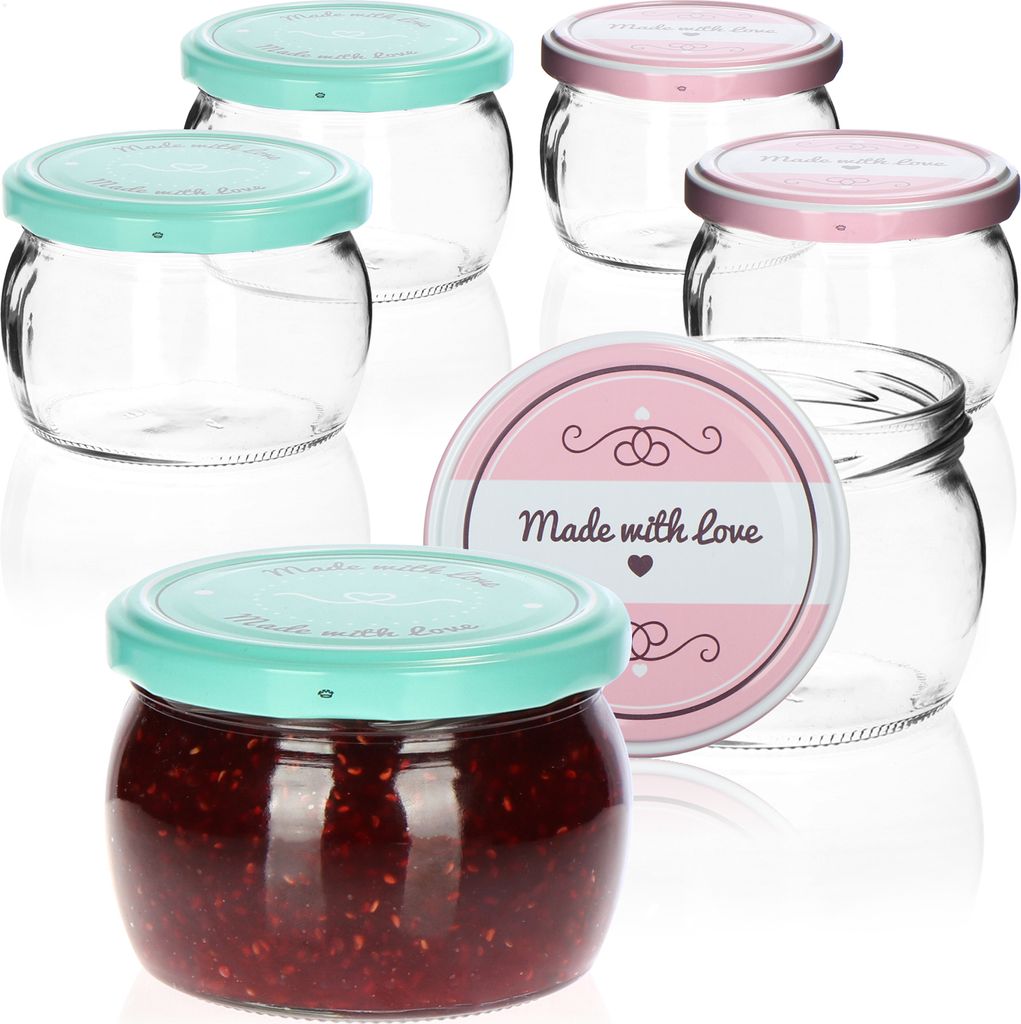 com-four 6x bauchige Einmachgläser mit Schraub-Deckel "Made with love" in grün und rosa - TO Ø 82 mm - empfohlene Füllmenge ca. 185 ml - bis ...