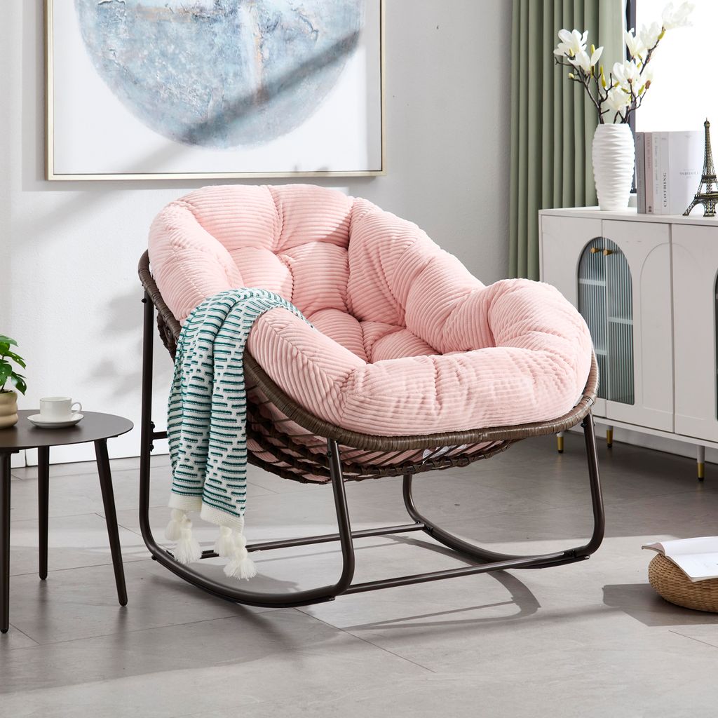 Outdoor Rattan Schaukelstuhl mit Polster & Lehne, rosa Rocking Chair für Vordereingang, Wohnzimmer, Terrasse & Garten