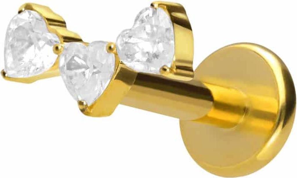 Ohrpiercing, Nasenpiercing Titan Labret mit Push Fit 3 KRISTALLHERZEN Gold Stablänge: 7mm | Stabstärke: 1,2mm